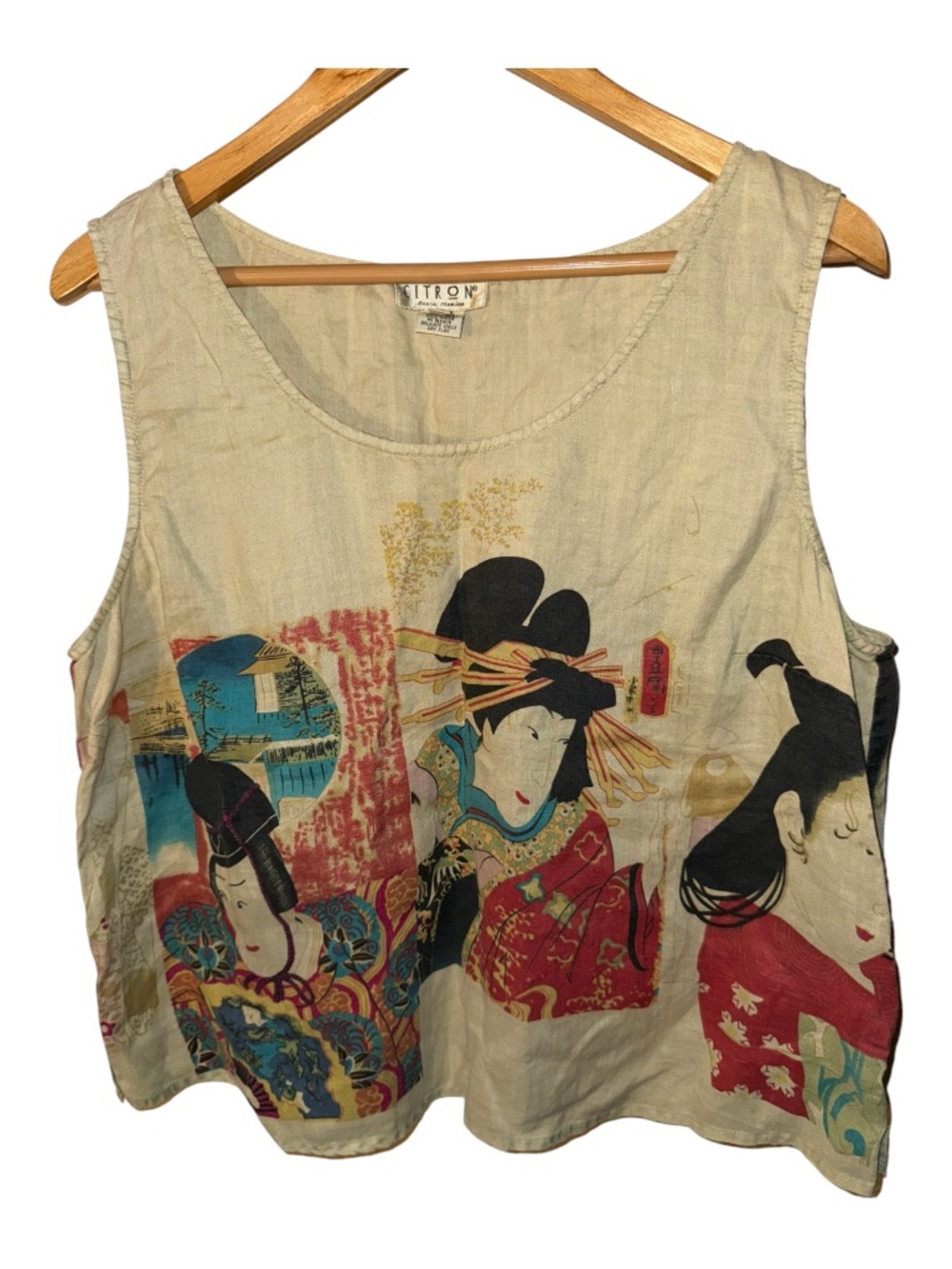 Citron Santa Monica Linen Asian Print Tank Top XL
